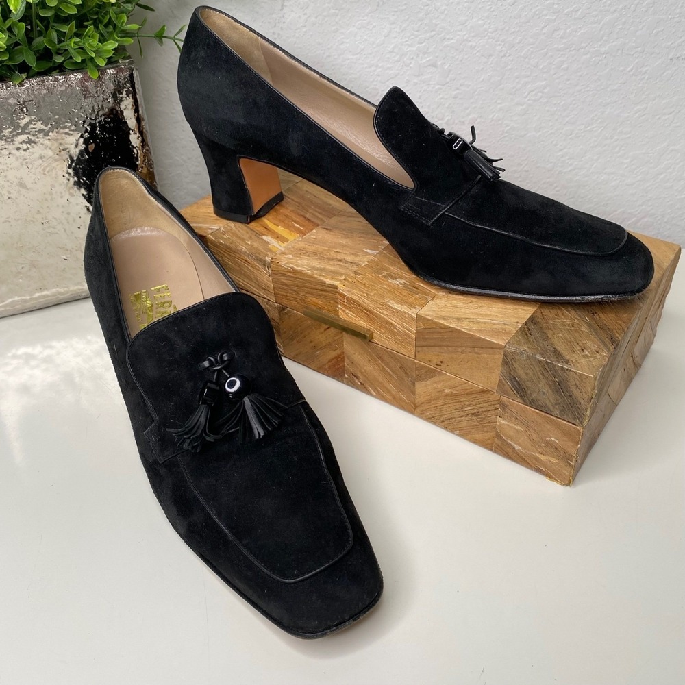 Salvatore Ferragamo Black Suede Tassel‎ Loafer Heels  Size 11 AA (Extra Narrow)